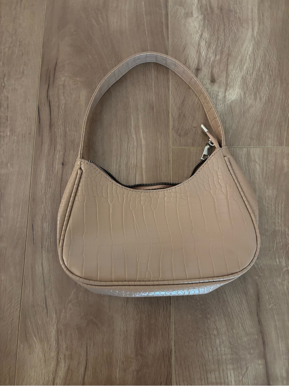 Beige Croc-Embossed Shoulder Bag